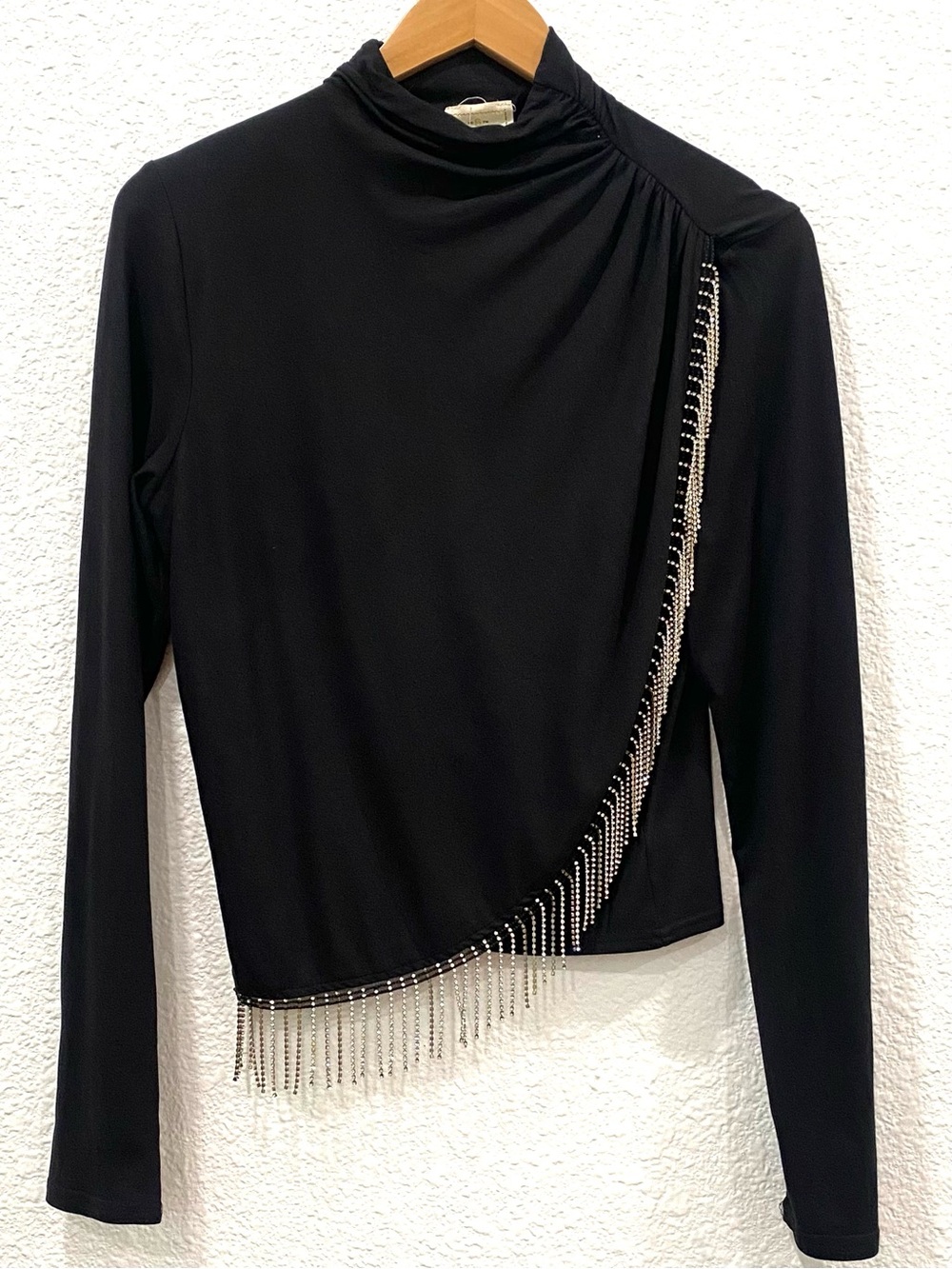 Sterling & Stitch Black Rhinestone Fringe Asymmetrical Mock Neck Top Y2K L